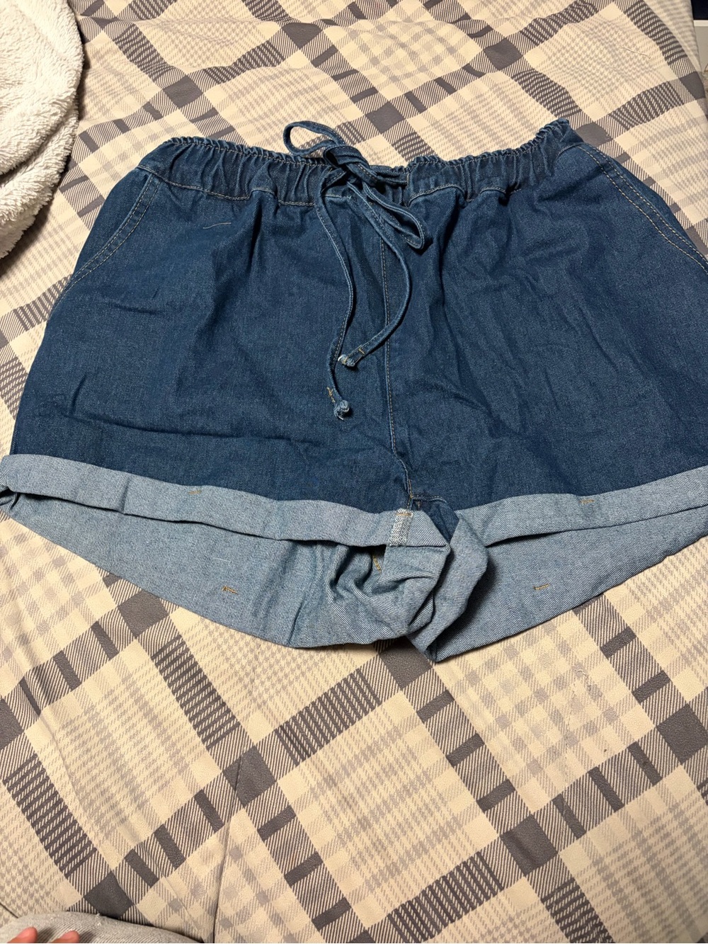 SHEIN Dark and Light Blue Rolled Hem Denim Shorts